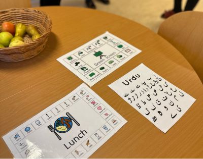 En bild som visar utskrivna lappar för språkstöd och bildstöd som används inom förskolan